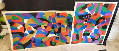 TWO ORIGINAL COLORFUL ABSTRACT PATTERN PAINTINGS