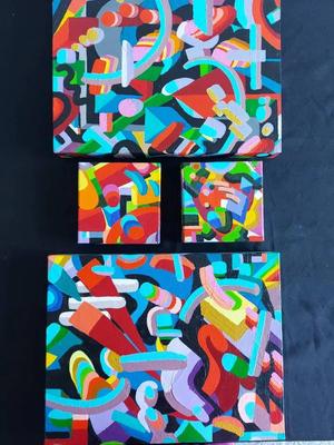 4 MULTI COLORED ABTRACT ACRYLIC PAINTINGS BY DAVID MAC INNES