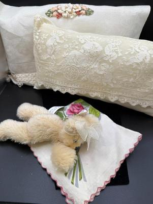 Lot (2) Pillows Made From Vintage Doilies, Annette Funicello Collectible Bear & Floral Hanky
Lot #: 97
