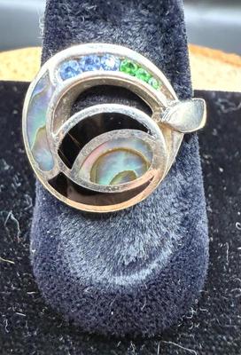 John Bagley 925 Silver Ring W/Blue Sapphires, Green Tsavorites, Black Agate & Abalone Inlays, Size 6.5, 5.28 G
Lot #: 38