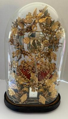 Super Ornate Antique French Wedding Dome- Velvet Tufted Chair W/Wax Flowers, Mirrors, Gold Leaves & Birds
Lot #: 2