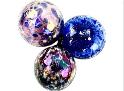 Sale Photo Thumbnail #55: Hand Blown Artisan Glass Christmas Balls - Blue, Raspberry, & Iridescent Hues - Beautiful Set!