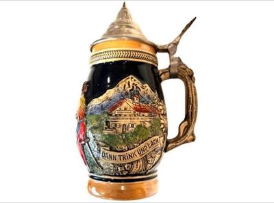 Sale Photo Thumbnail #98: German Salt Glaze Beer Stein With Hinged Pewter Lid - Signed Made In Germany