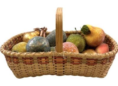Sale Photo Thumbnail #46: Collection Of Glistening Sugared Fruit Ornaments In Woven Split Reed Basket With Handle