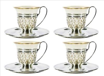 Sale Photo Thumbnail #4: Four Sterling Silver Demitasse Cups - Sterling Cup Sleeves, Matching Saucers & Lenox Porcelain Espresso Liners