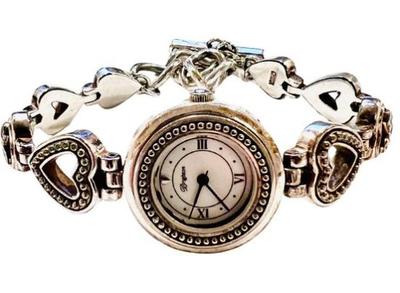 Sale Photo Thumbnail #144: "Brighton" Silver Tone Link Wrist Watch - Toggle Clasp Heart Design, Gift Bag & Tin - Signed "Brighton"