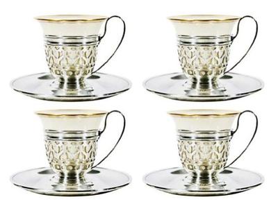 Sale Photo Thumbnail #3: Four Sterling Silver Demitasse Cups - Sterling Cup Sleeves, Matching Saucers & Lenox Porcelain Espresso Liners