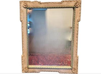 Sale Photo Thumbnail #29: Quality Hand Carved Beveled Glass Mirror - Rosette Corner Detailing & Green Stained Wood Interior Liner