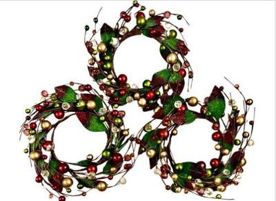 Sale Photo Thumbnail #45: Christmas Pillar Candle Rounds With Faceted Crystals & Faux Foliage