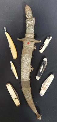 VINTAGE SHEATHED CURVED BLADE DAGGER AND MORE