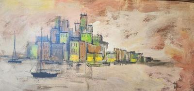 COLORFUL MID-CENTURY CITYSCAPE SIGNED PAINTING