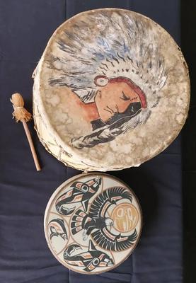 NATIVE AMERICAN HAND PAINTED TWO SIDED DRUM AND HAND DRUM 