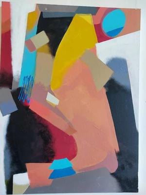 ORIGINAL ABSTRACT ART IN PEACH, BLACK, AND RED BY DAVID MACINNES