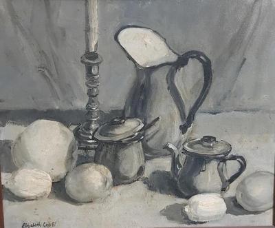 ORIGINAL BLACK & WHITE STILL LIFE PAINTING BY ELIZABETH COLE