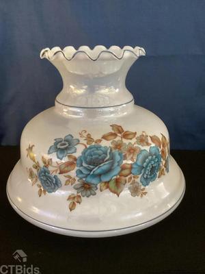 Vintage large white glass lamp shade blue roses ruffle edge