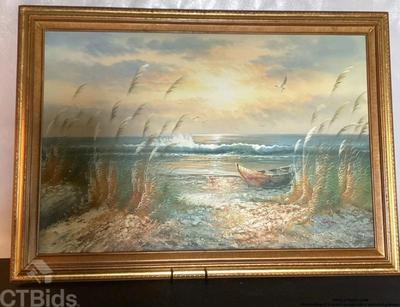Oil painting of a beach scene with a boat and grasses