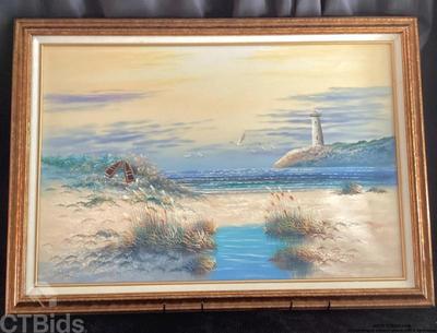 Oil painting of a beach scene with a lighthouse
