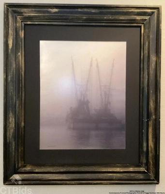 Contemporary framed photographic print of a foggy seacape with boats