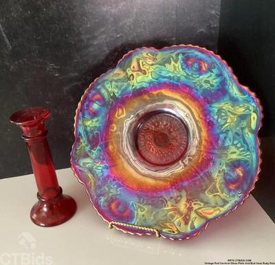 Vintage red carnival glass plate and bud vase ruby red