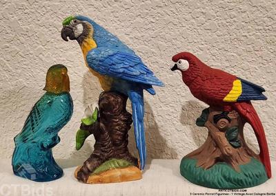 3 ceramic parrot figurines 1 vintage avon cologne bottle