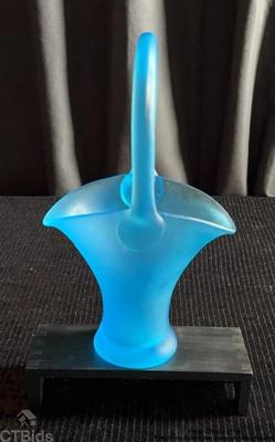 Tiffin style blue satin glass handled basket