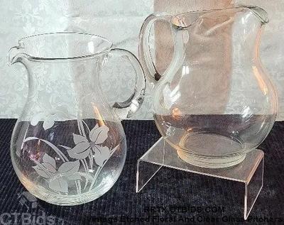 Vintage etched floral and clear glass pitchers