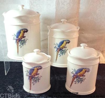 Blue and yellow macaw porcelain canisters 4 pcs w 4 lids)