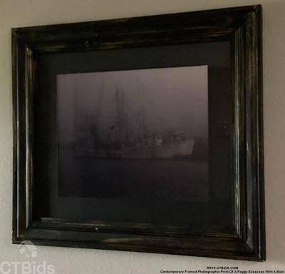 Contemporary framed photographic print of a foggy seascape with a boat