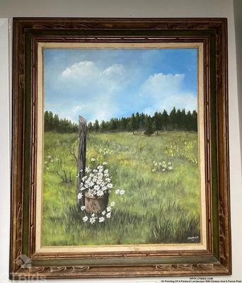 Oil painting of a pastoral landscape with daisies and a fence post