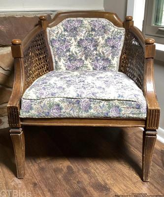 Vintage wood on chair with cane signs and floral upholstery