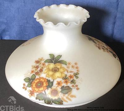 Vintage milk glass lampshade with floral decal and ruffled edge