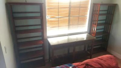 ENTRY WAY WOODEN TABLE AND A PAIR OF BOOKSHELVES 