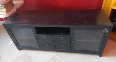 BLACK MEDIA CONSOLE WITH GLASS DOORS AND DRAWERS
