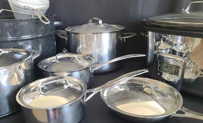 ALL-CLAD CROCKPOT, CANNING GOODS, AND DANSK POTS AND PANS