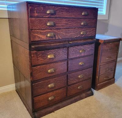 ANTIQUE CHEST OF DRAWERS AND WOODEN FILE CABINET 