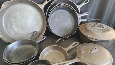 CAST IRON SKILLETS AND POTS - OVER A DOZEN PIECES