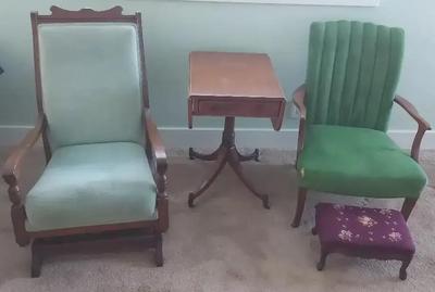 TWO VINTAGE CHAIRS WITH NEEDLE-POINT OTTOMAN AND DROP-LEAF SIDE TABLE
