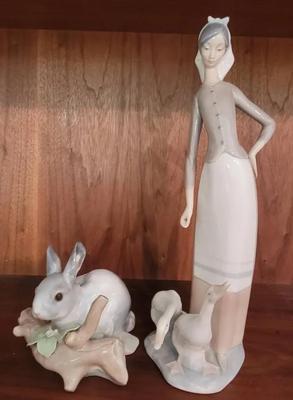 LLADRO "GIRL WITH GEESE" AND "RABBIT EATING"