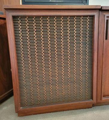 VINTAGE PAIR OF AMPEX 815 WALNUT SPEAKER CABINETS WITH ALTEC 605-B LOUD SPEAKERS 