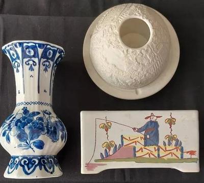 LIMOGES VOTIVE, DELFT CHINOISERIE FLOWER BRICK, AND VASE