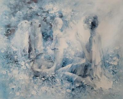 "WOMAN PICKING FLOWERS WITH CHILD AND DOGS" BLUE LITHOGRAPH SIGNED BY WILLEM HARNRAETS