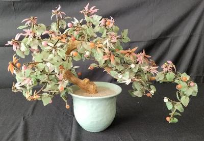 VINTAGE CHINESE JADE LEAF AND GLASS CHERRY BLOSSOM BONSAI TREE