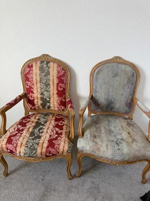Pair of Louis XV–Style Giltwood Fauteuil Armchairs with Damask Upholstery