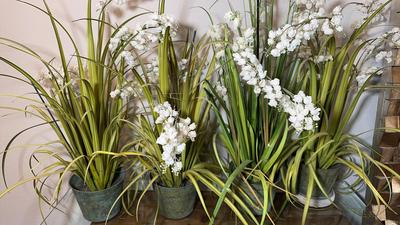 White Bellflower Faux Plants In Pails