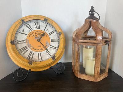 Hampton Bay Wooden & Metal Lantern with LED Candles + Antique-Style Yellow Old Town Metal Clock