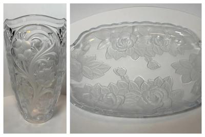 French Art Nouveau Glass Vase w/ Floral Relief Branches & Floral Rose Platter