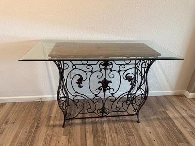 Ornate Wrought Iron Console Table with Glass Top