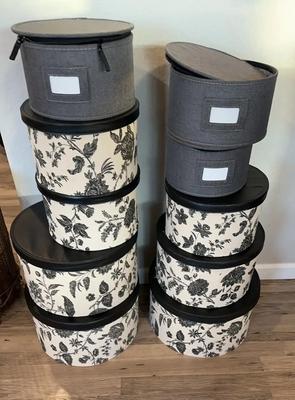 Charcoal & Toile Print Cloth Round Storage Boxes