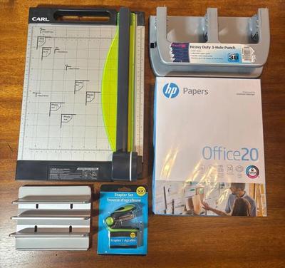 Office Supplies: Printer Paper, Paper Cutter, Hole Punch, Desk Decor/Storage