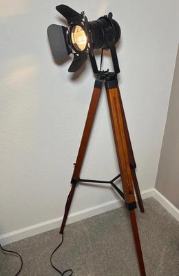 Zompoo Industrial Floor Lamp w/ Black Metal Shade & Wooden Legs